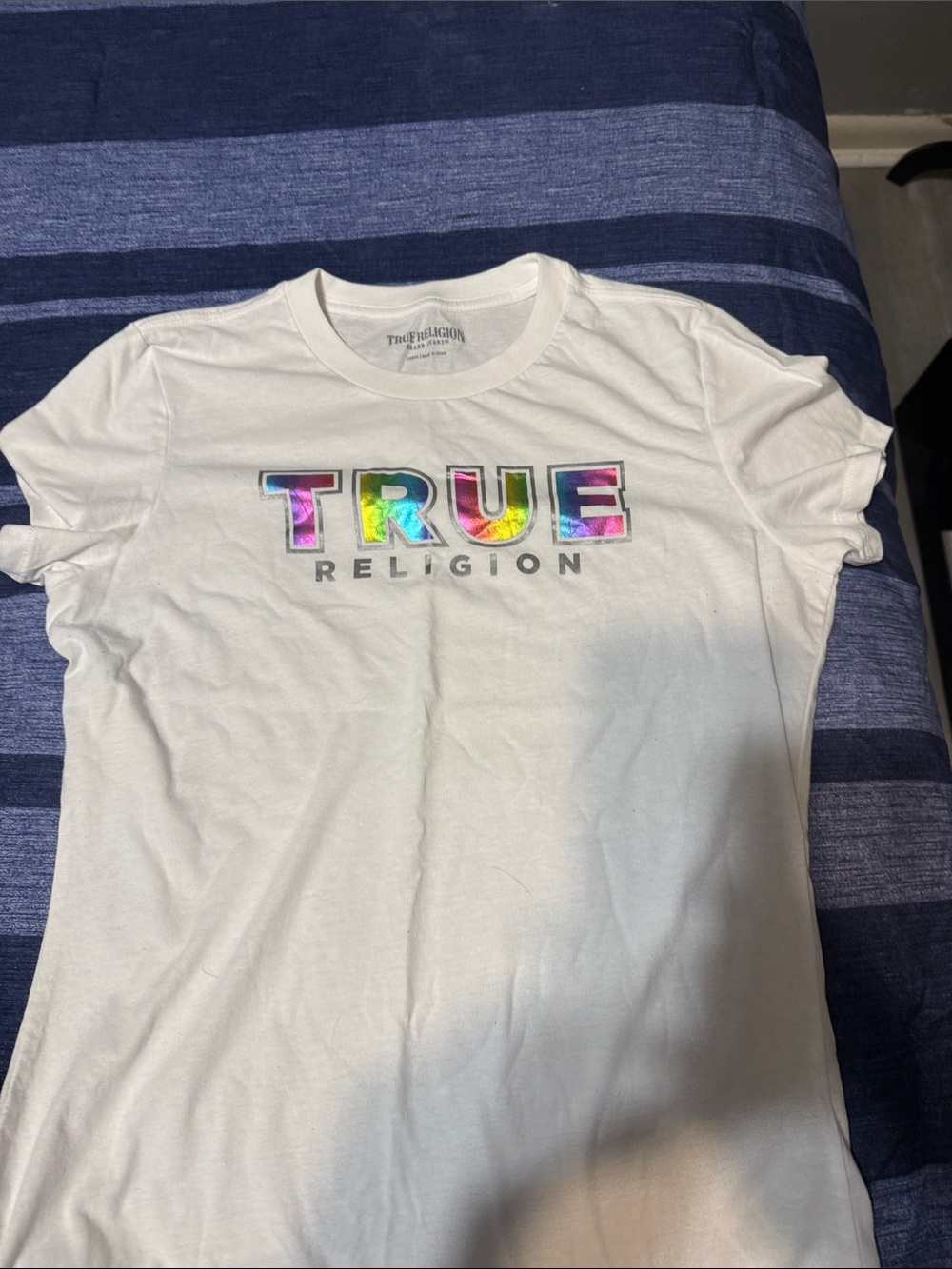 True Religion White Short Sleeve Tee with Multicolor Iridescent TRUE Logo
